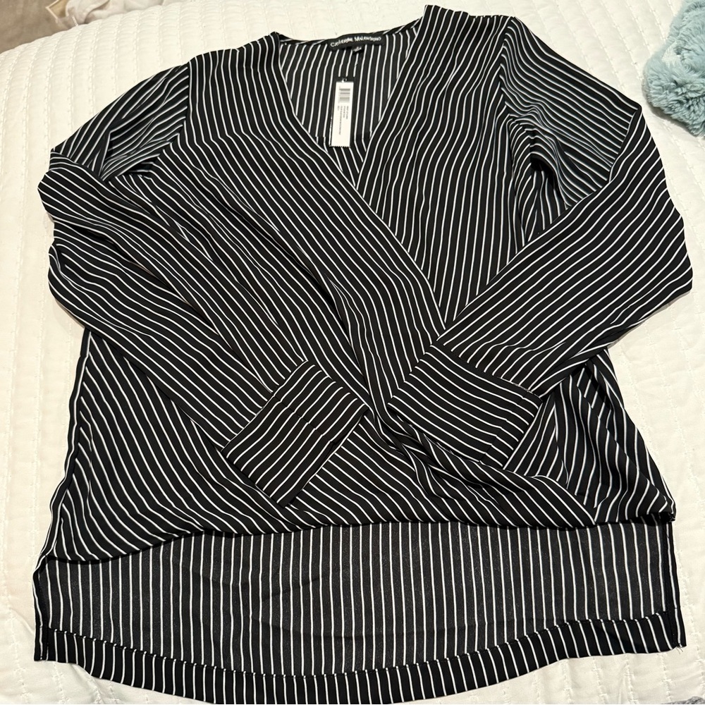 Catherine Malandrino Striped Crossover Front Black and White Blouse Size S NWT